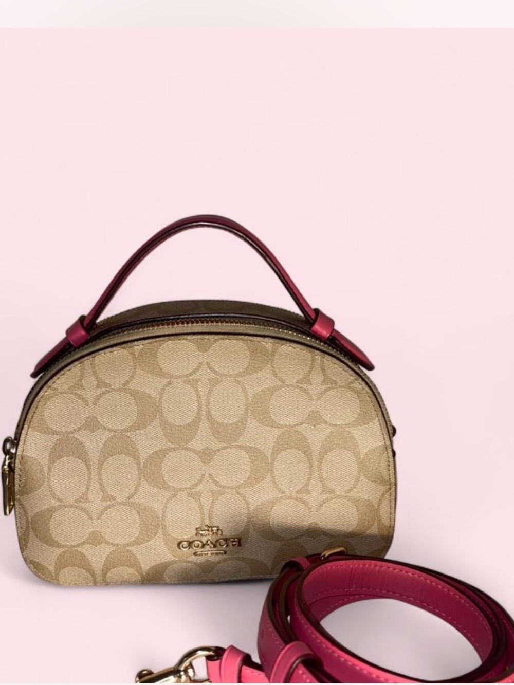 Coach Beige Signature Dome Bag with Pink Strap and Top Handle